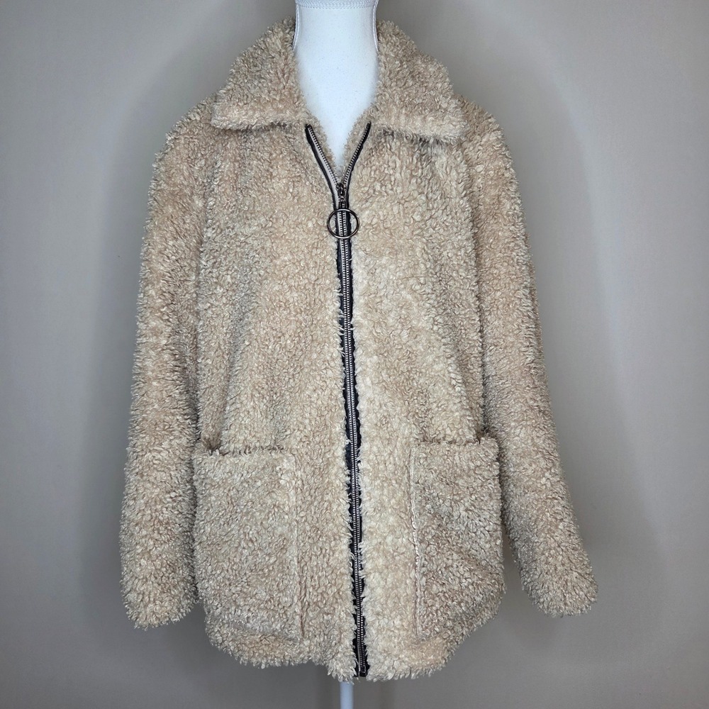 Steve Madden Womens Tan Beige Teddy Bear Fleece Faux Fur Zip Up Jacket Size M